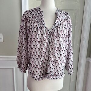 MABE Floral Block Print Blouse M Cotton Boho Peasant Top White Burgundy